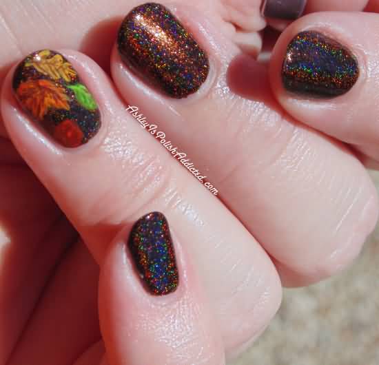 Glitter Nails With Accent Autumn Flowers Nail Art