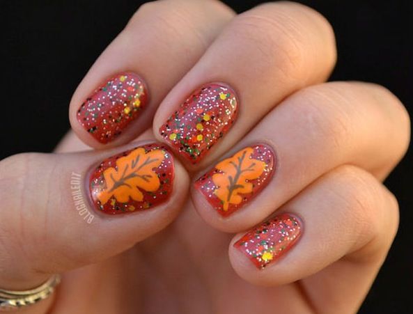 Glitter Nails With Orange Autumn Leaf Nail Art