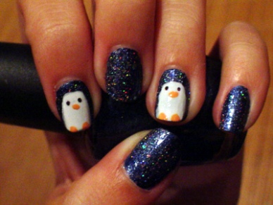 Glitter Navy Blue Nails And Penguins Winter Nail Art