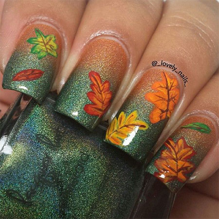 Glitter Ombre Nails With Fallen Autumn Leaves Nail Art