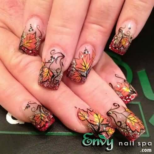 Glitter Tip Nails With Autumn Leaves Nail Art Design