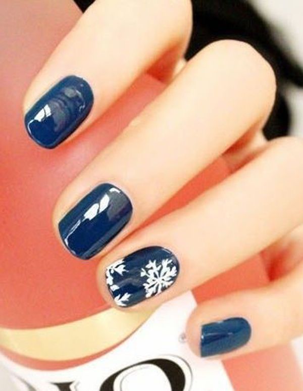 Glossy Navy Blue Nails With White Snowflakes Design Winter Nail Art