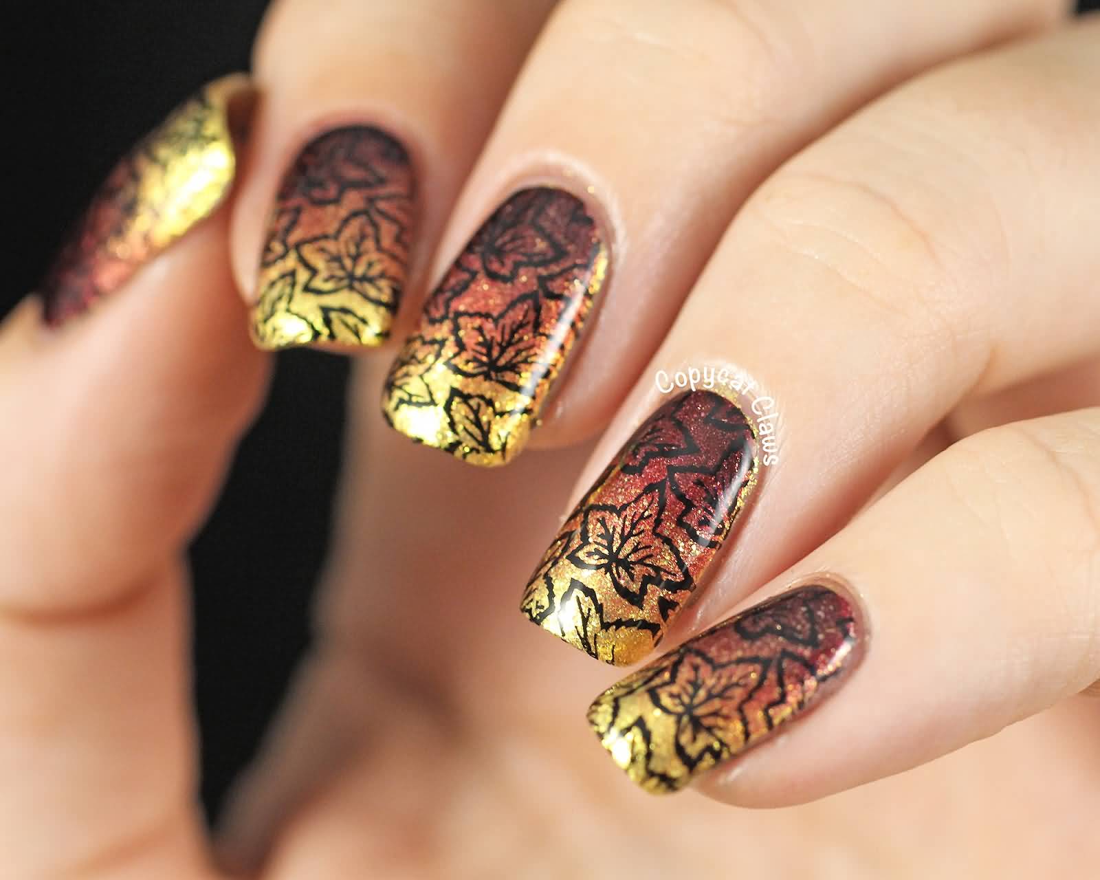 Gold And Brown Nails With Black Autumn Leaves Nail Art Design Idea