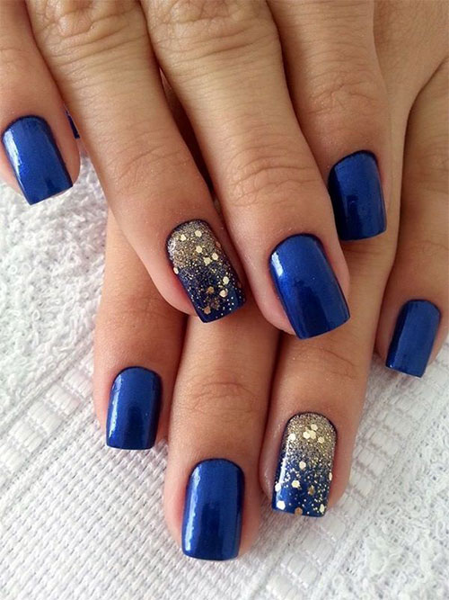 Gold Glitter And Navy Blue Winter Nail Art