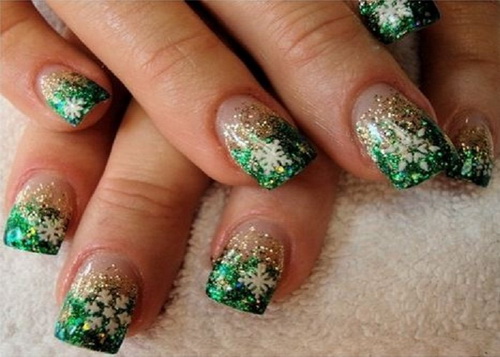 Green And Gold Glitter With White Snowflakes Design Winter Nail Art