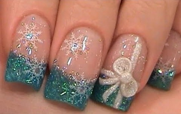 Green Glitter Tip With 3d Bow And Snowflakes Design Winter Nail Art