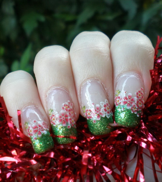 Green Glitter Tip With Pink Flowers Winter Nail Art