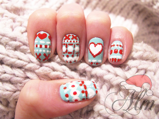 Green Nails With Red And White Designs Winter Nail Art