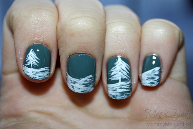 Green Nails With White Winter Trees Winter Nail Art