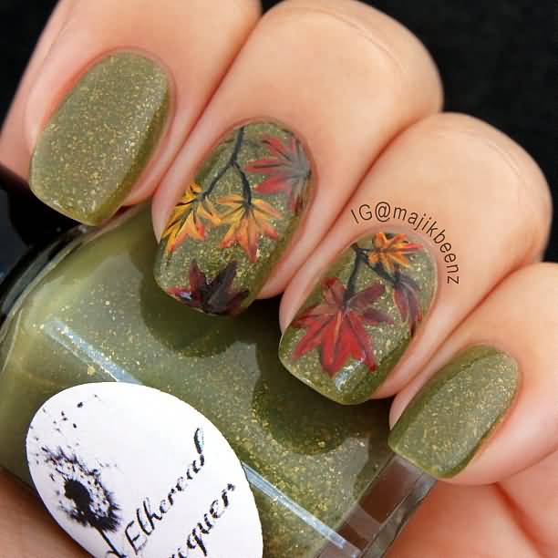 Green Water Marble Nails With Autumn Leaves Nail Art