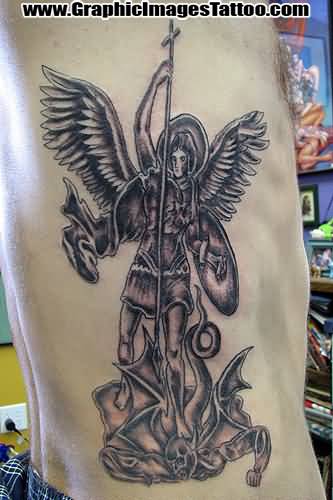 Grey And Black Angel Vs Evil Tattoo On Side Rib