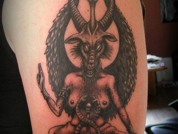 Grey And Black Evil Bull Having Human Body Tattoo On Left Half Sleeve