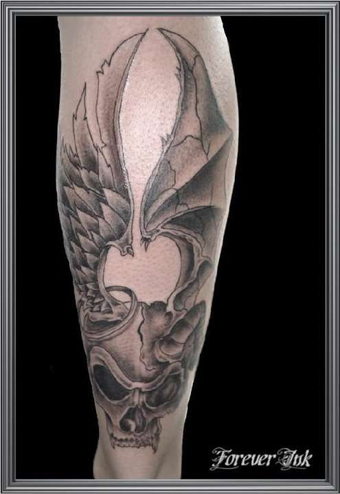 Grey And Black Evil Skull Having Angel Wings Tattoo
