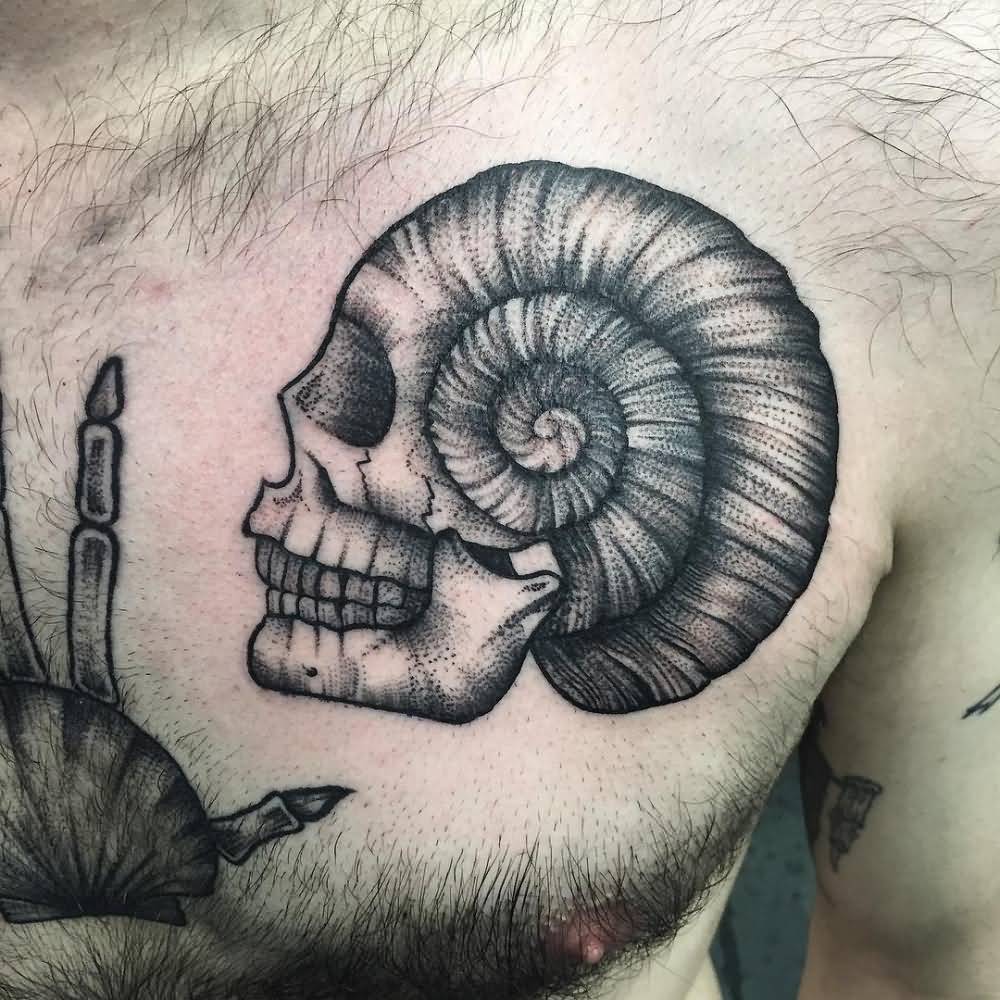 Grey And Black Snail Shell Skull Tattoo On Chest By Rebecca Vincent
