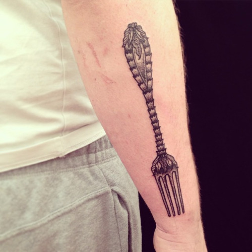 Grey And Black Vintage Fork Tattoo On Right Arm Sleeve