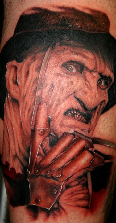 Grey And Red Horror Freddy Krueger Portrait Tattoo