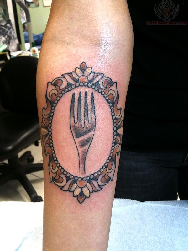 Grey Fork In Nicely Designed Mirror Tattoo Design On Forearm