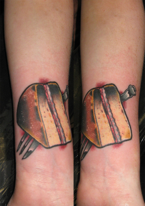 Grey Fork With Cake Matching Tattoo On Both Wrists