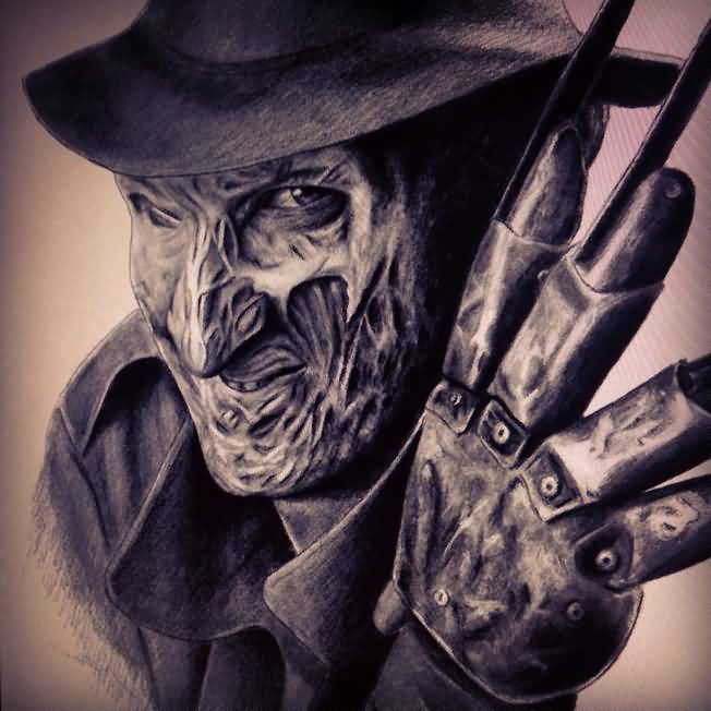 Grey Ink 3D Freddy Krueger Portrait Tattoo Design.