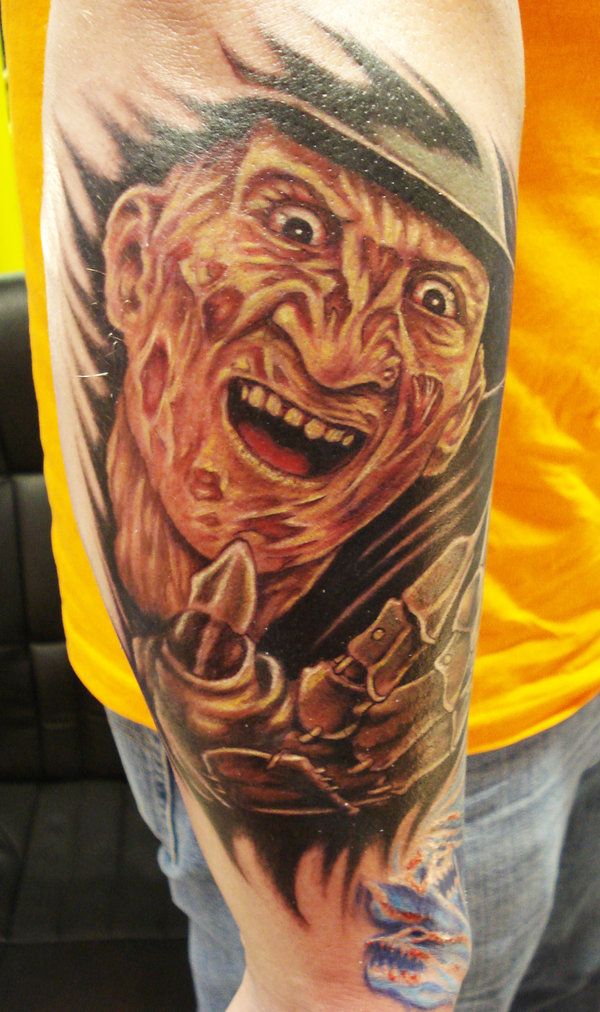 Grey Ink 3D Freddy Krueger Portrait Tattoo On Arm