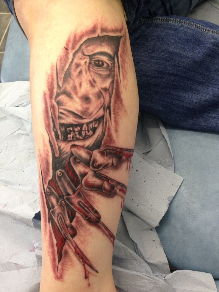 Grey Ink 3D Freddy Krueger Tattoo On Arm Sleeve