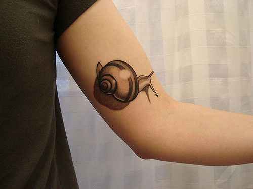 Grey Ink 3D Snail Tattoo On Bicep
