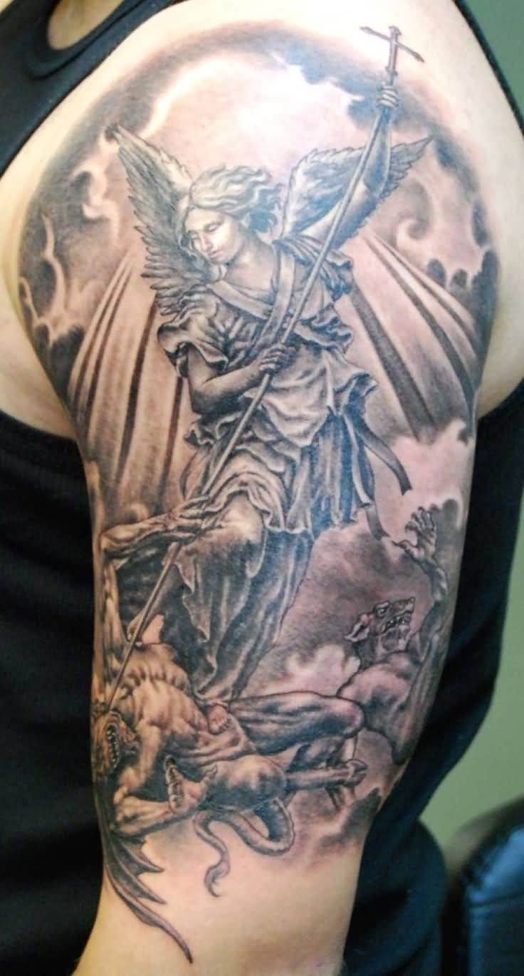 Grey Ink Angel Winning On Evil Tattoo On Left Half Sleeve