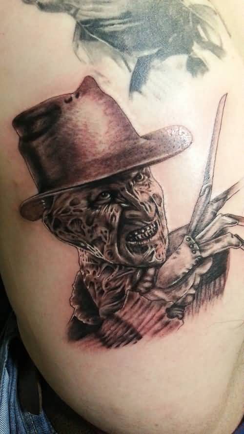 Grey Ink Angry Freddy Krueger Portrait Tattoo