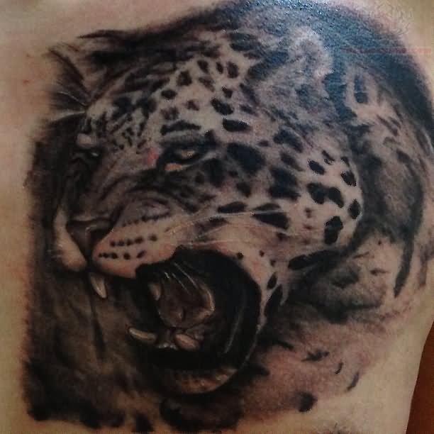 Grey Ink Angry Jaguar Tattoo