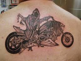 Grey Ink Evil Demon On Cool Bike Tattoo On Upper Back