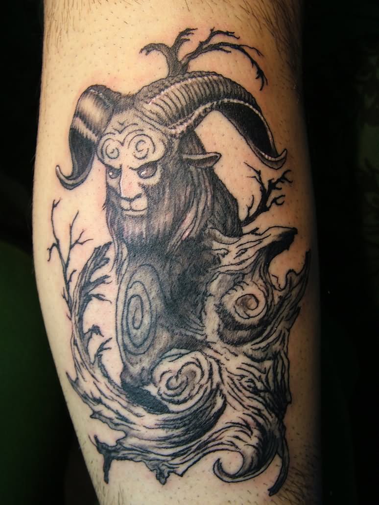Grey Ink Evil Sheep With Horns Tattoo