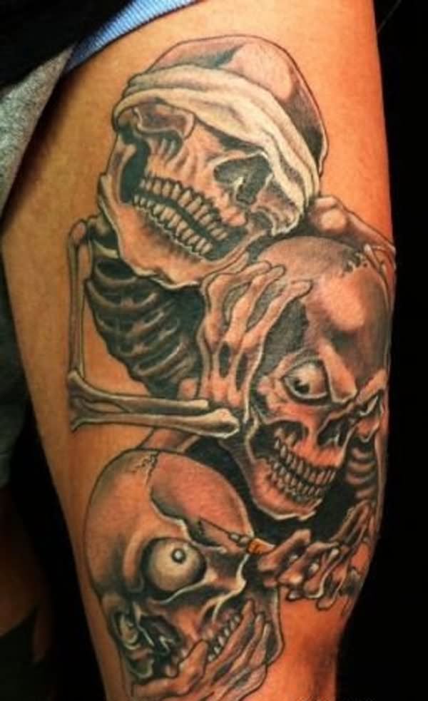 Grey Ink Evil Skeletons Tattoo