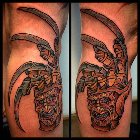 Grey Ink Freddy Krueger Face On Glove Traditional Tattoo