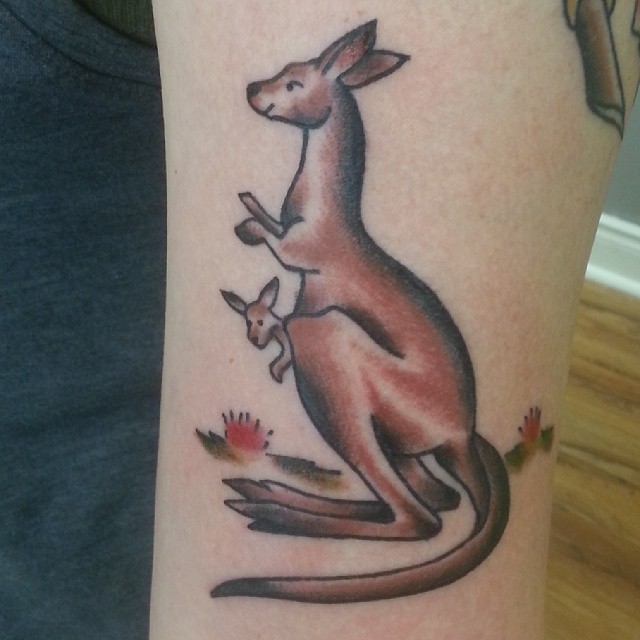 Grey Ink Mother Carrying Baby Kangaroo Tattoo On Left Half Sleeve