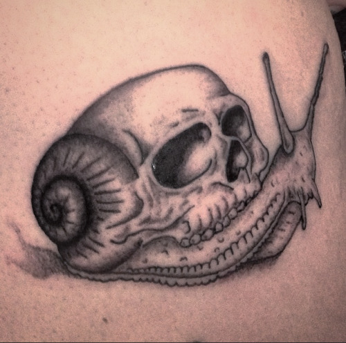 Grey Ink Snail Having Skull Shell Tattoo