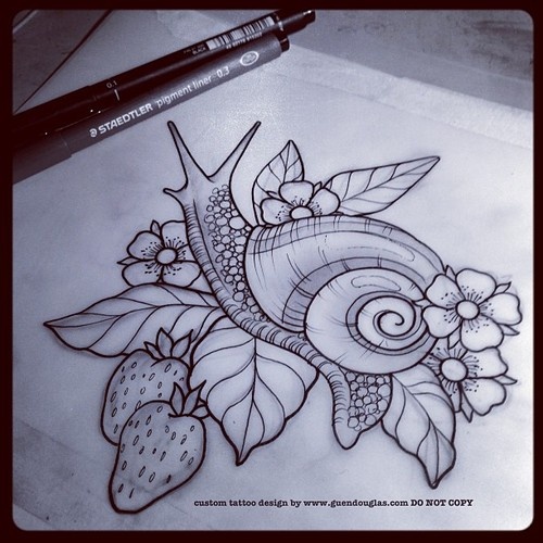 Grey Ink Strawberry And Snail Traditional Tattoo Design