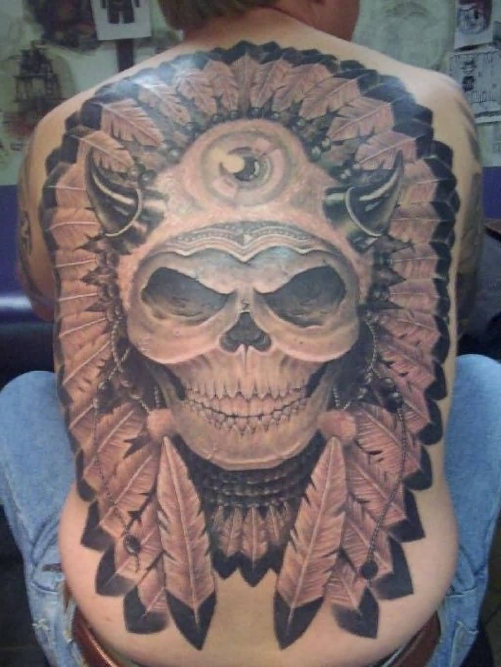Grey Inked Large Native Evil Skull Tattoo On Full Back
