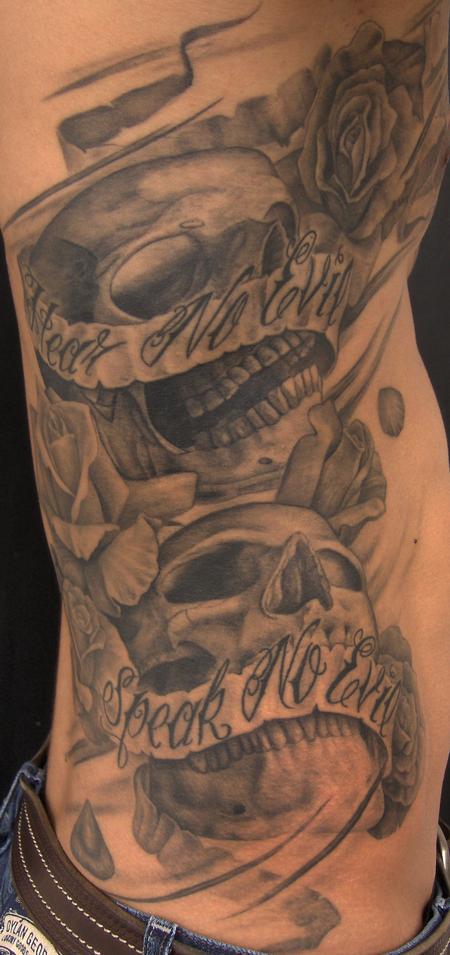 Grey Inked Speak Hear And See No Evil Skulls Tattoo On Side Rib