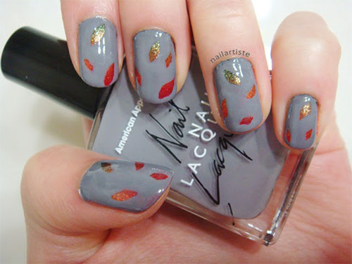 Grey Nails With Fallen Leaves Easy Autumn Nail Art