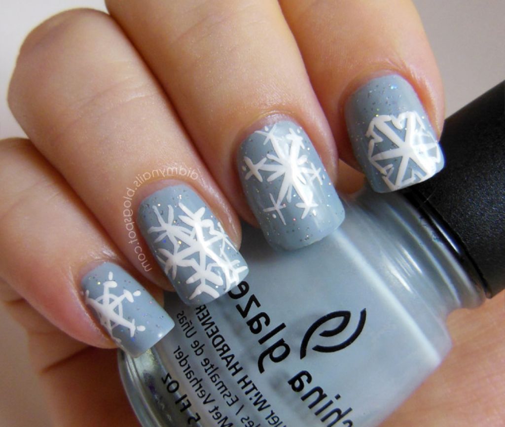 Grey Nails With White Snowflakes Design Winter Nail Art