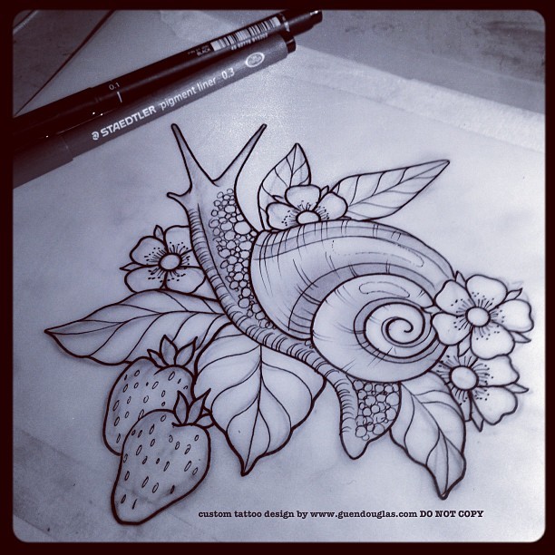Grey Snail With Cherry And Leaves Traditional Tattoo Design By Guendouglas Original