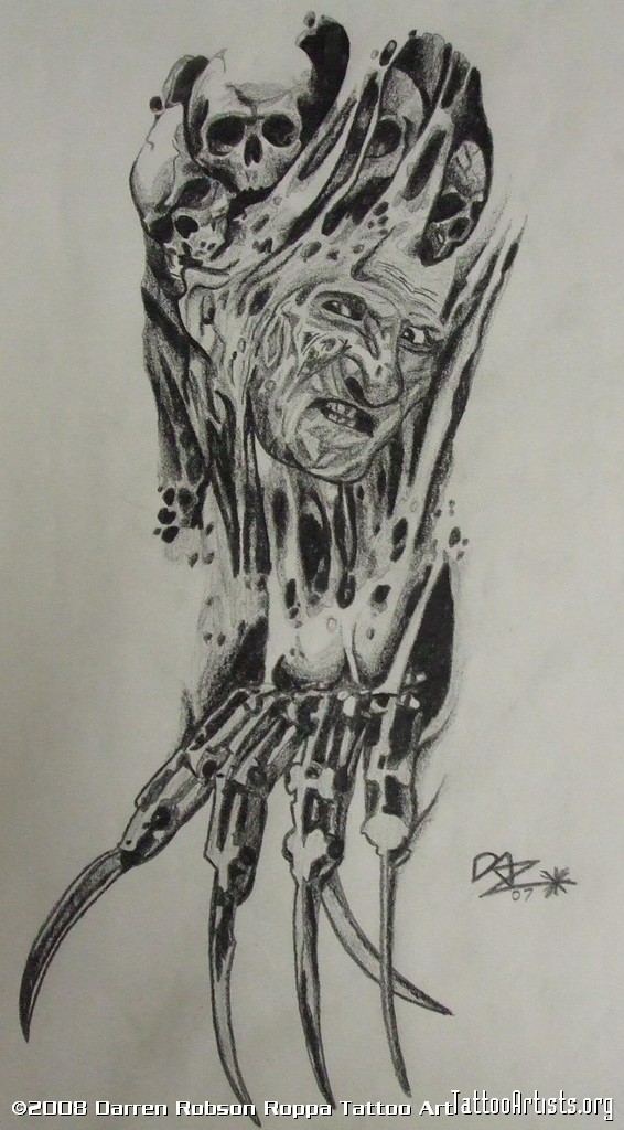 Horror Freddy Krueger With Skulls Black And White Tattoo Design