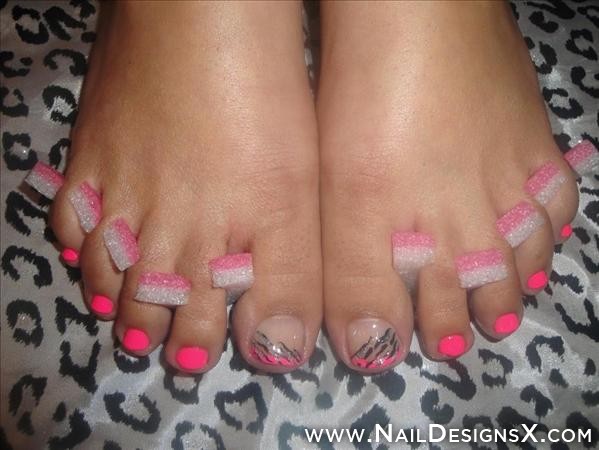 Hot Pink Toe Nail Art With Black Stripes Design Idea