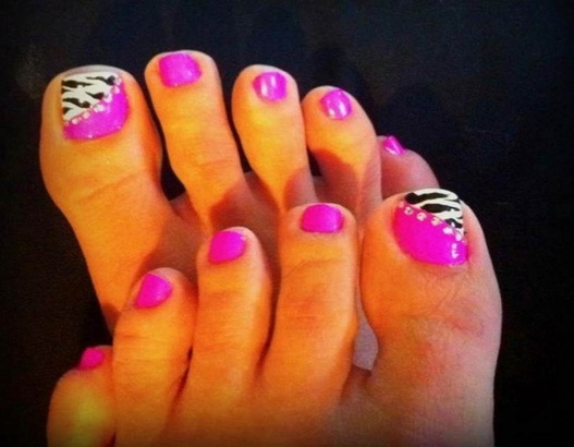 Hot Pink Toe Nail Art With Zebra Print Design