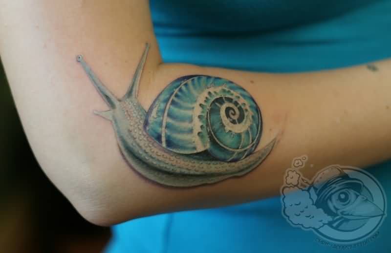 Impressive Snail Tattoo On Right Arm Sleeve
