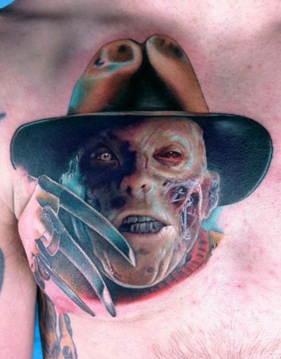 Incredible 3D Freddy Krueger Portrait Tattoo On Right Chest