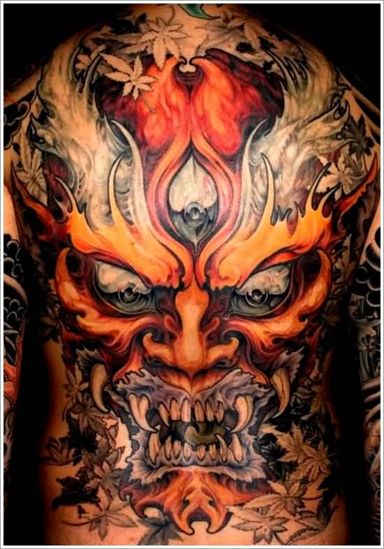 Incredible Devil Face With Three Eyes And Flowers Evil Tattoo On Full Back