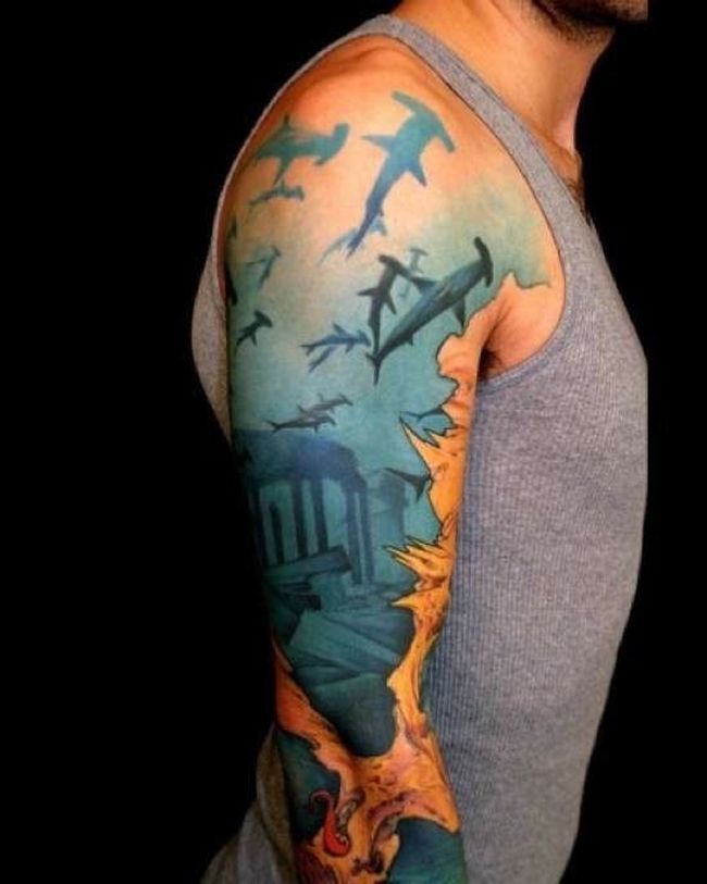 Incredible Hammerhead shark Under Water View Colored Tattoo On Right Full Sleeve