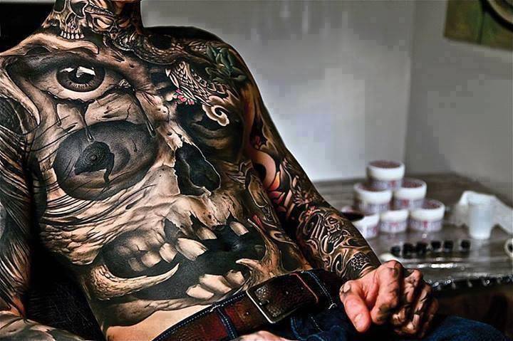 Incredible Large Evil Skull With Eye Full Body Tattoo By John Anderton
