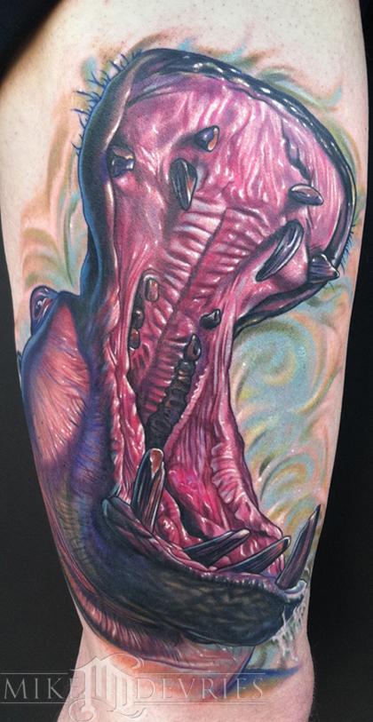Incredible Pink Colored Hippo Opening Mouth Tattoo On Half Sleeve